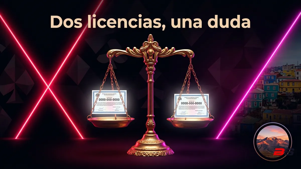 Balanza sopesando dos sellos oficiales, ilustrando cómo Betsala en Chile muestra dos referencias de licencia distintas en su sitio.