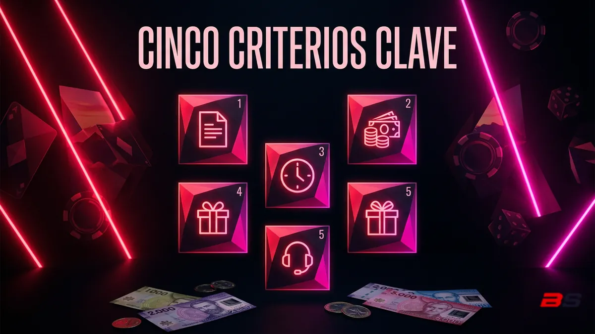 Cuadrícula de cinco iconos tipo checklist, representando los criterios para evaluar Betsala o cualquier otro operador en Chile.
