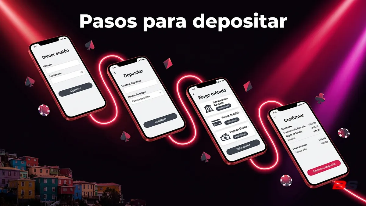 Los cuatro pasos para depositar dinero en Betsala Chile: iniciar sesión, elegir método, ingresar monto y confirmar.