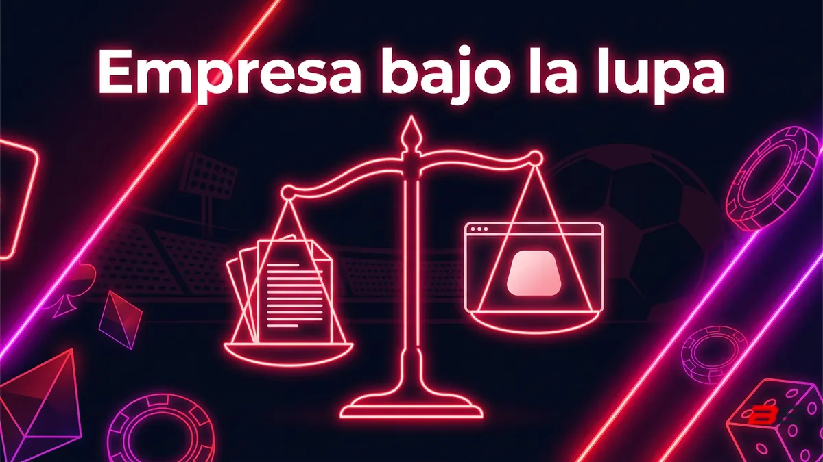 Balanza de luz neón entre documentos oficiales y la web de Betsala, con un estadio chileno al fondo