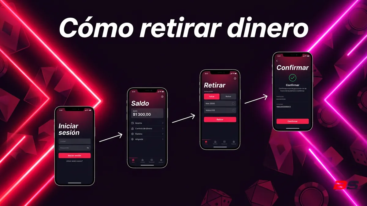 Pasos para retirar dinero en Betsala Chile: secuencia de pantallas de celular con iniciar sesión, saldo, retirar y confirmar
