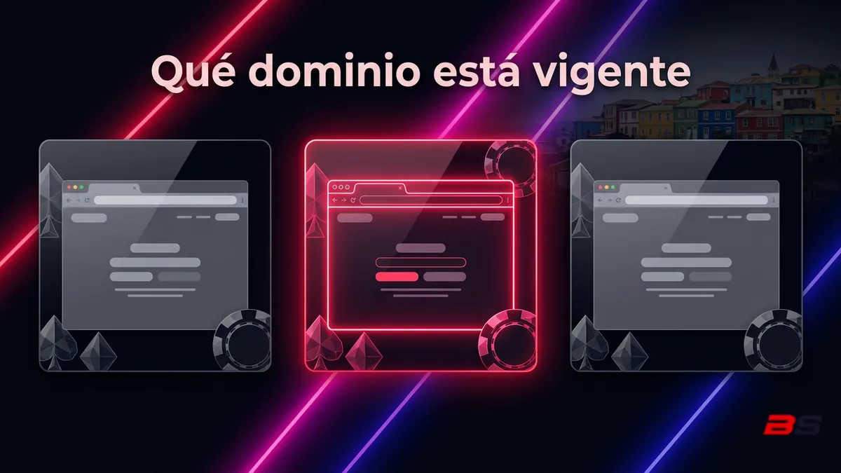 Tres paneles comparando dominios de acceso a Betsala, uno iluminado en rojo-rosado como el vigente en Chile