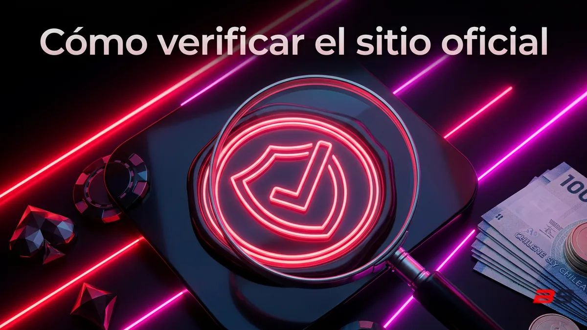 Sello de verificación bajo lupa con luces neón rojo-rosado, referencia a cómo confirmar el sitio oficial de Betsala