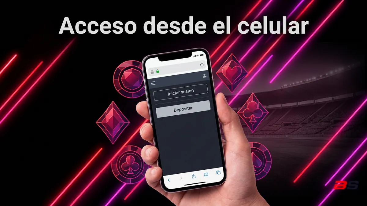 Mano sosteniendo un celular con pantalla de acceso en español y luces neón rojo-rosado, acceso móvil a Betsala Chile